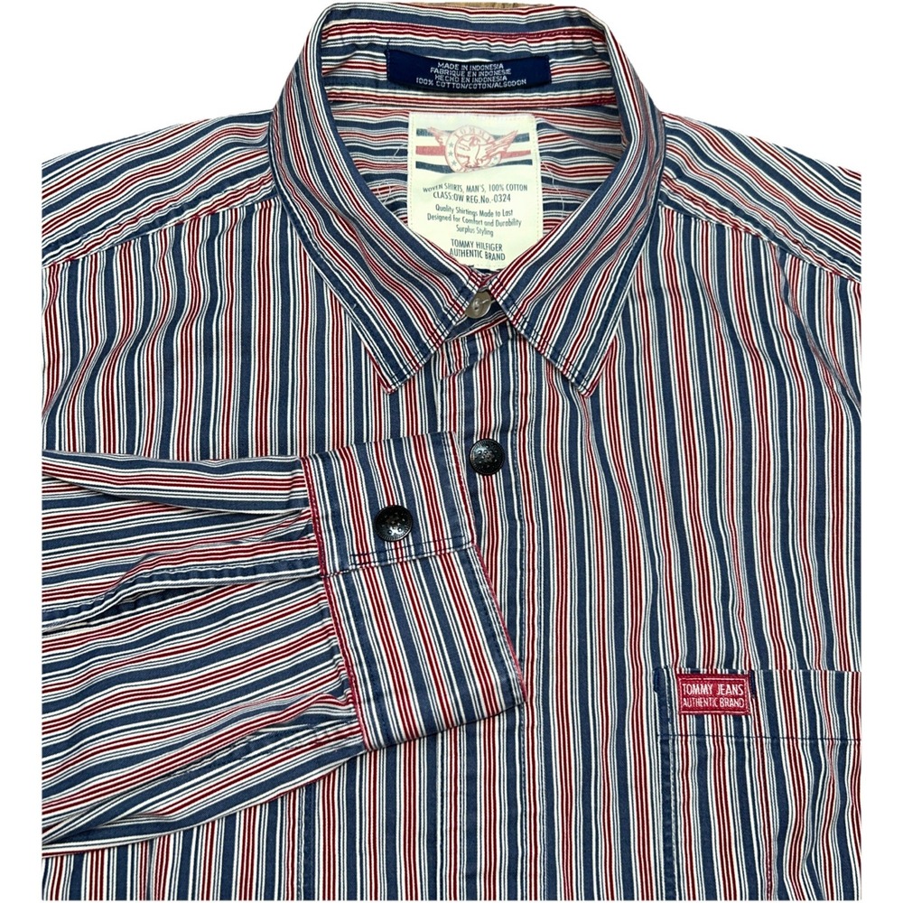 Tommy Hilfiger Long Sleeve‎ Button Up Red White Blue, Metal Snap Buttons, Mens L